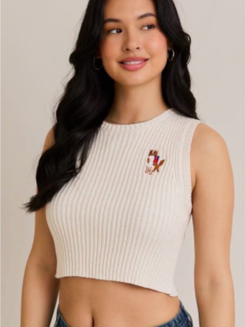 Le Lis Cream Ribbed Sleeveless Crop Tank with Embroidered Dog and Flag